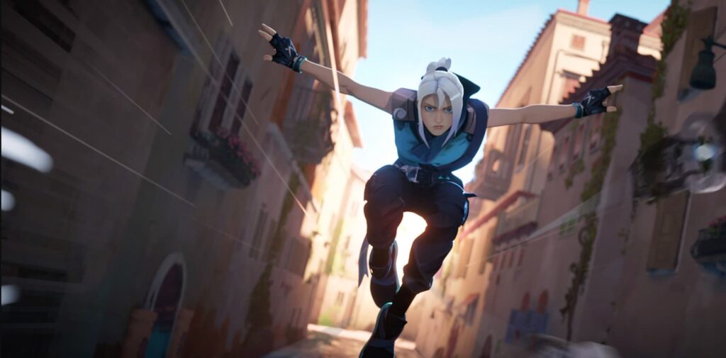 Jett, the most-picked Agent in VCT Pacific, jumps in the air and throws her knives forward.