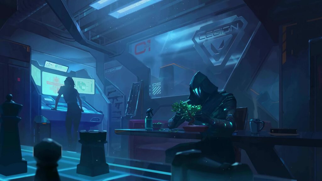 Omen, the most-picked Agent in VCT EMEA, sits and cuts a bonsai tree.