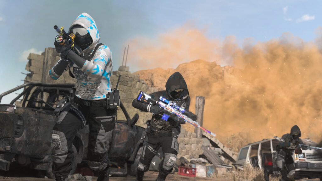 Three Operators fight with an explosion of dust behind them in Warzone Ranked play.
