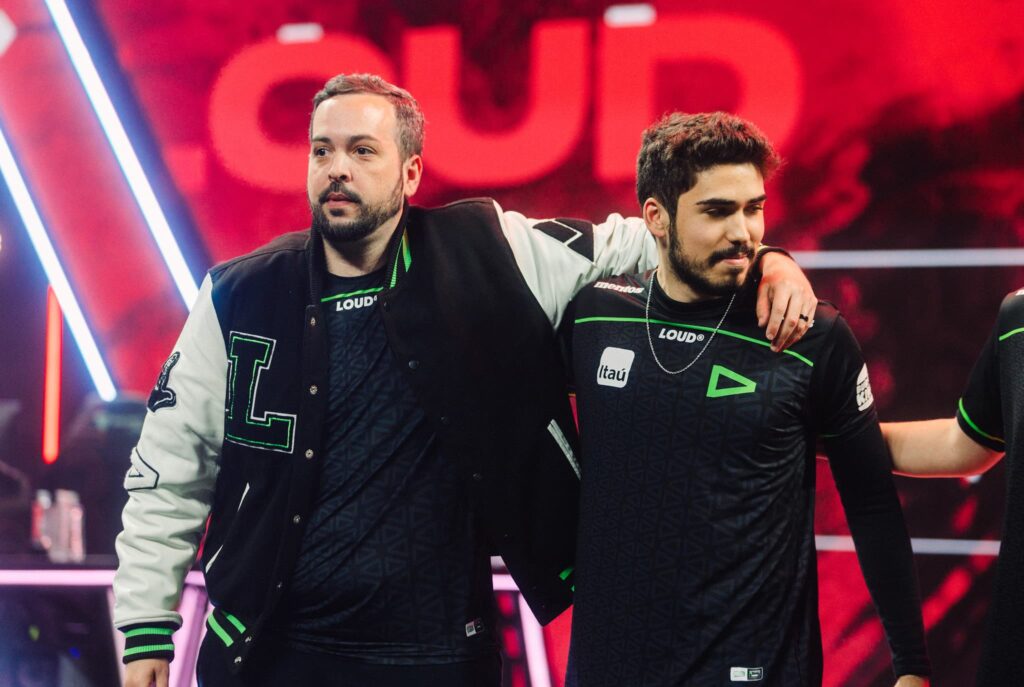 Coach Daniel "fRoD" Montaner (L) and Erick "aspas" Santos of LOUD seen onstage after victory during Week 6 of 2023 VCT Americas at the Riot Games Arena on May 7, 2023.