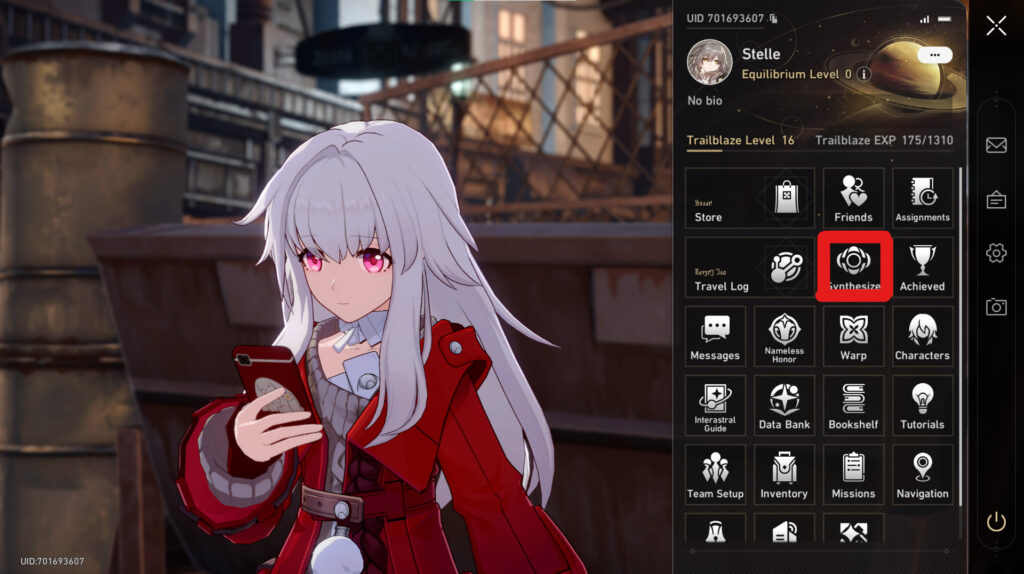 This is where to find the Synthesize menu in Honkai: Star Rail.