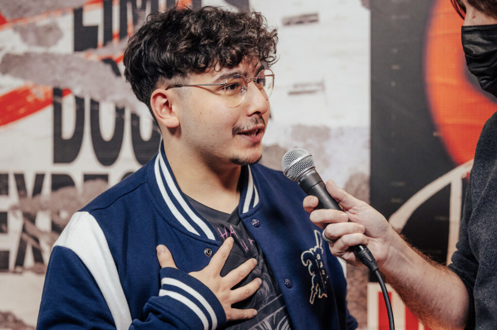 BrokenBlade being interviewed backstage - Image via Colin Young-Wolff/Riot Games