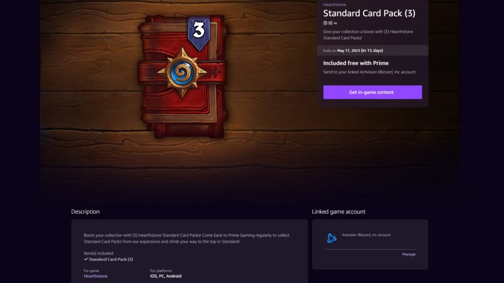 Free Hearthstone card packs are available through Prime Gaming 