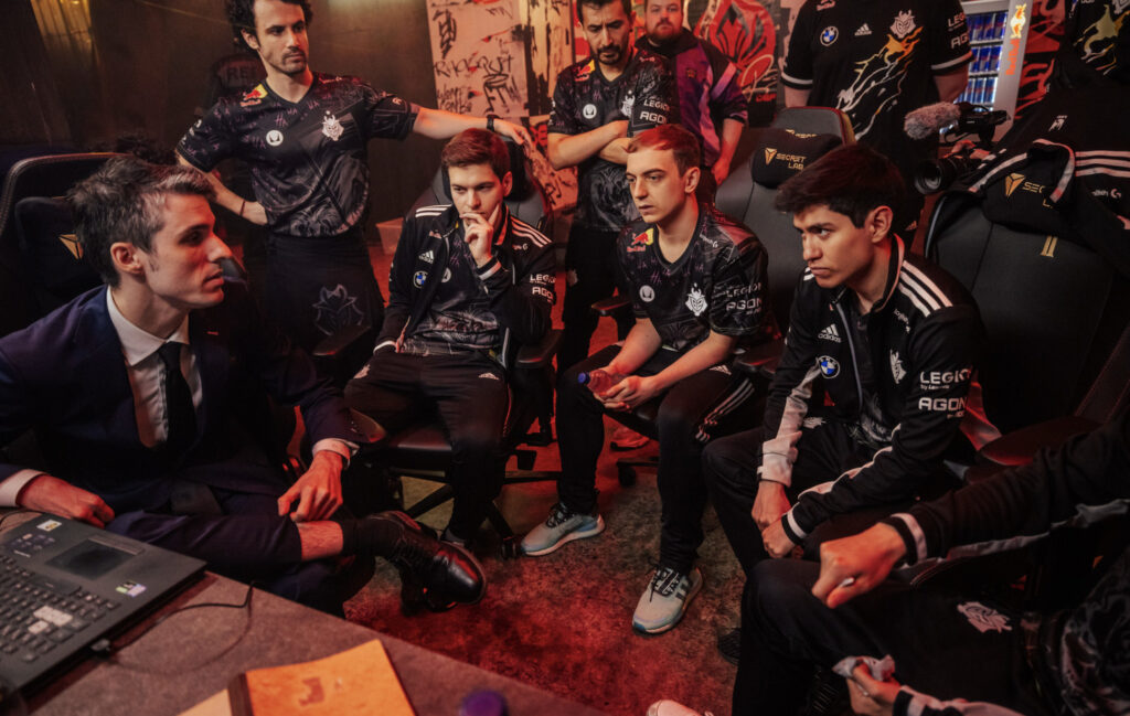 G2 Esports between matches against Gen G on Day 1 of the Bracket Stage - Image via Colin Young-Wolff/Riot Games