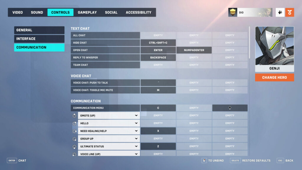 Specific settings for each hero are available 