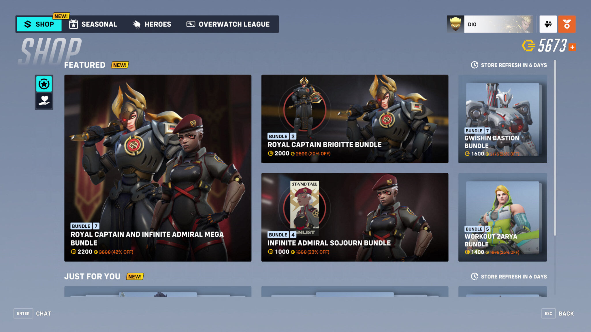 Infinite Admiral Sojourn and Royal Captain Brigitte skin in Overwatch 2