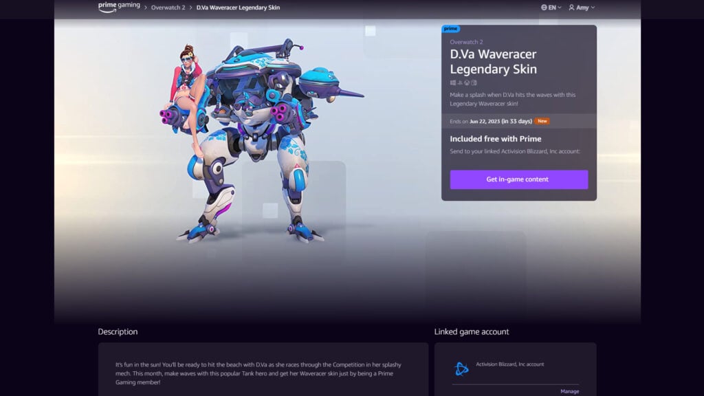 The free legendary D.Va skin is available through Prime Gaming