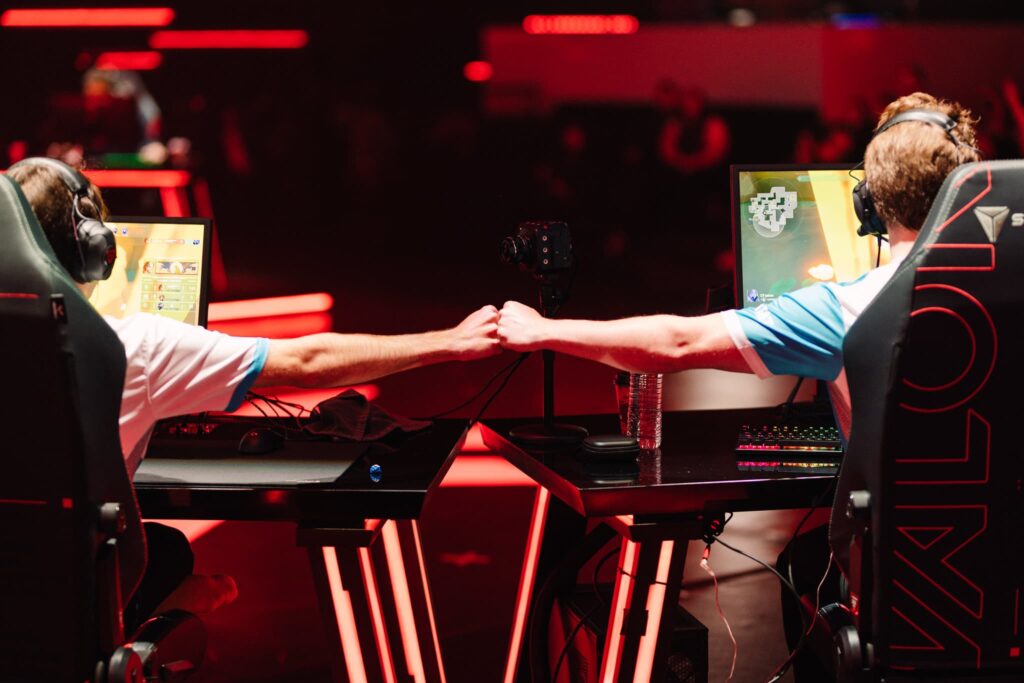 Jake "jakee" Anderson (L) and Jordan "Zellsis" Montemurro of Cloud9 fist bump while competing during Week 7 of 2023 VCT Americas at the Riot Games Arena on May 15, 2023.