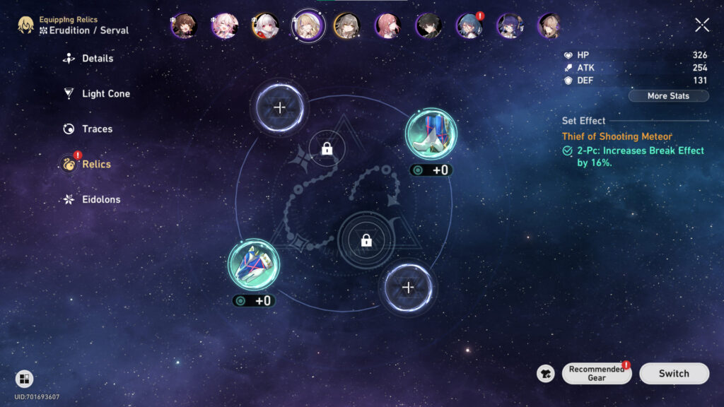 The Relic menu in Honkai: Star Rail.