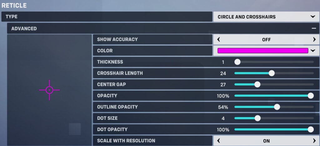 This general healing reticle helps with up-close aiming while also letting you attack with minimal interference.