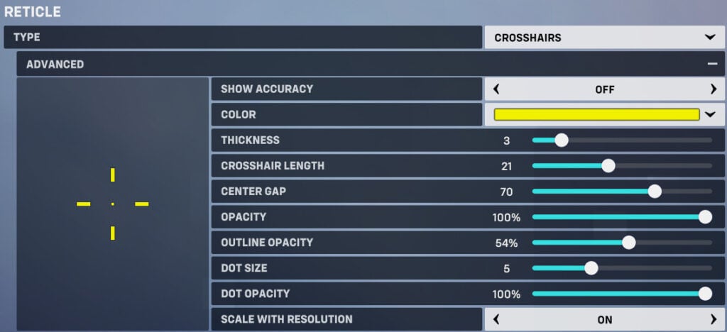 This hitscan reticle assists with body shots and moving targets, while also providing some center aiming for accuracy and headshots.