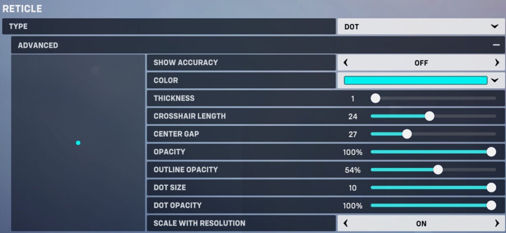 Meant for the likes of Widow and Hanzo, a simple dot can help players learn to aim based on screen space and less about thinking where the reticle is at all times. Works well with Sigma, Wrecking Ball, Bastion, and more.