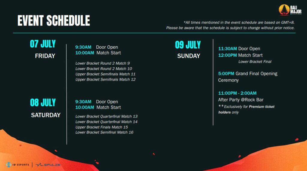 Bali Major visitor's guide - main event schedule (Image by IO Esports)