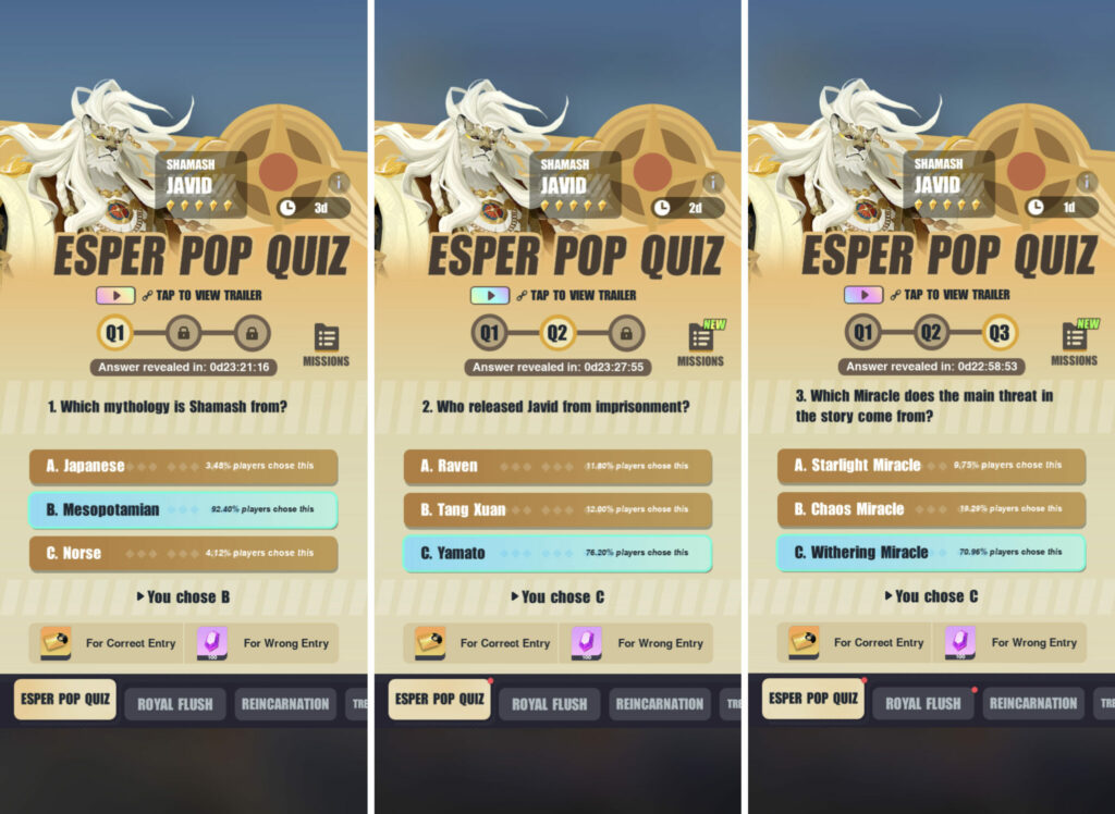 Dislyte Esper Pop Quiz Javid answers