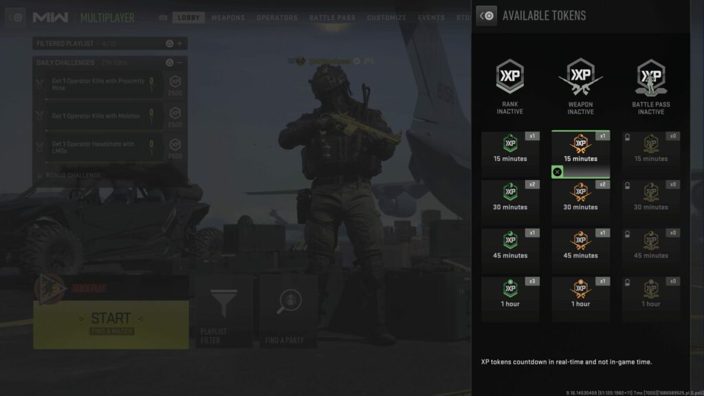 Multiple Double XP tokens are shown in MW2.