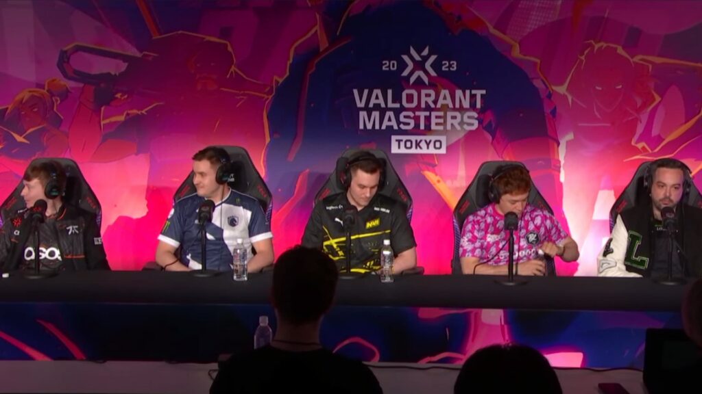 EMEA Coaches mini, eMIL, d00mbr0s, Pacific coach alecks, and Americas coach fR0D attempt a pre-event press conferences for VCT Masters Tokyo.