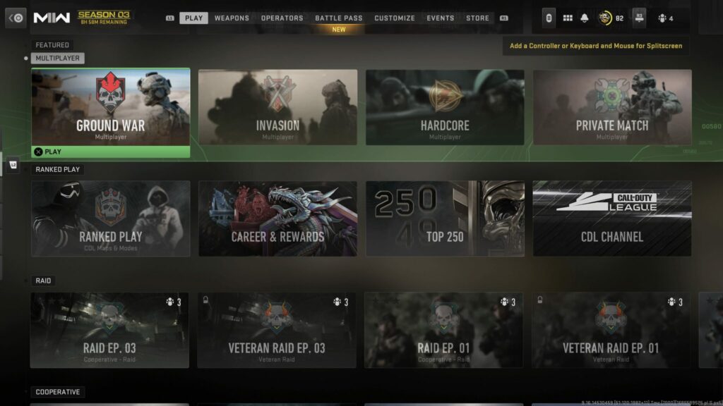 The main menu shows Ground War and Invasion, the fastest ways to level up your guns, as two game mode options in MW2.