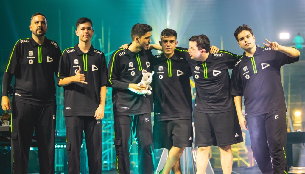 LOUD poses onstage after competing at the VALORANT Champions Tour 2023: LOCK//IN Finals on March 4, 2023 in Sao Paulo, Brazil.