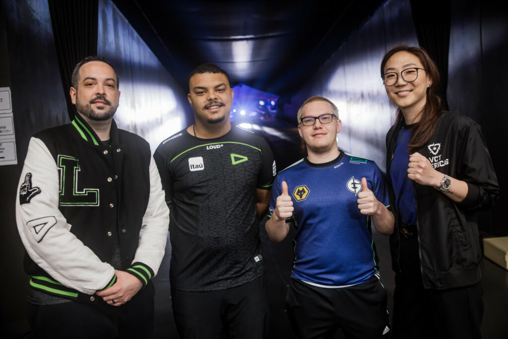 (L-R) Coaches Daniel "fRoD" Montaner and Jordan "stk" Nunes of LOUD, Kelden "Boostio" Pupello and coach Christine "potter" Chi of Evil Geniuses pose at VALORANT Masters Tokyo Brackets Stage before LOUD vs EG at Tipstar Dome Chiba on June 16, 2023 in Tokyo, Japan. 