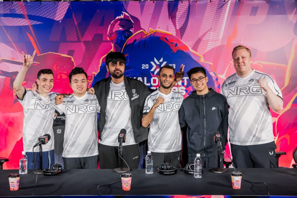 NRG poses during a post-game press conference at VALORANT Masters Tokyo Brackets Stage at Tipstar Dome Chiba on June 18, 2023 in Tokyo, Japan.