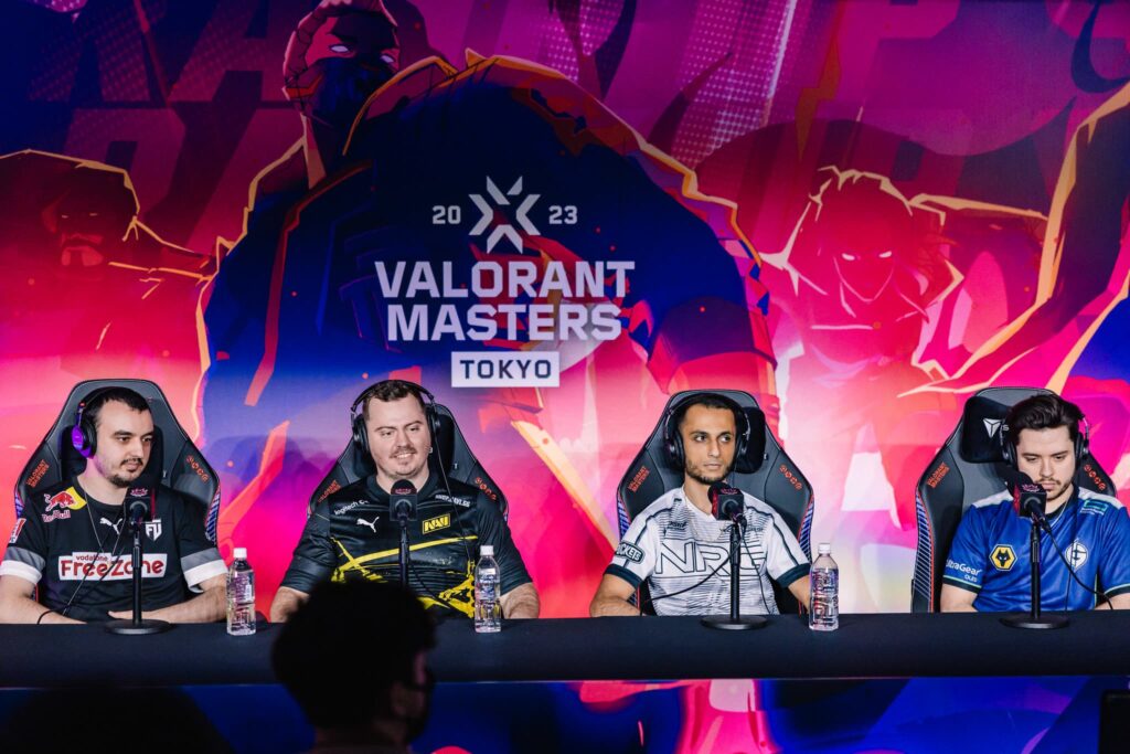 (L-R) Furkan “MrFaliN” Yegen of FUT Esports, Kyrylo "ANGE1" Karasov of Natus Vincere, Pujan "FNS" Mehta of NRG and Ethan "Ethan" Arnold of Evil Geniuses participate in a VALORANT Masters Tokyo Press Conference on June 9, 2023 in Tokyo, Japan.