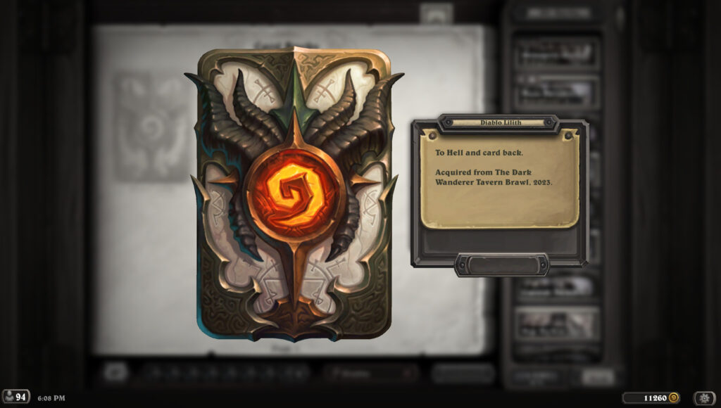 The Diablo 4 Lilith card back in Hearthstone