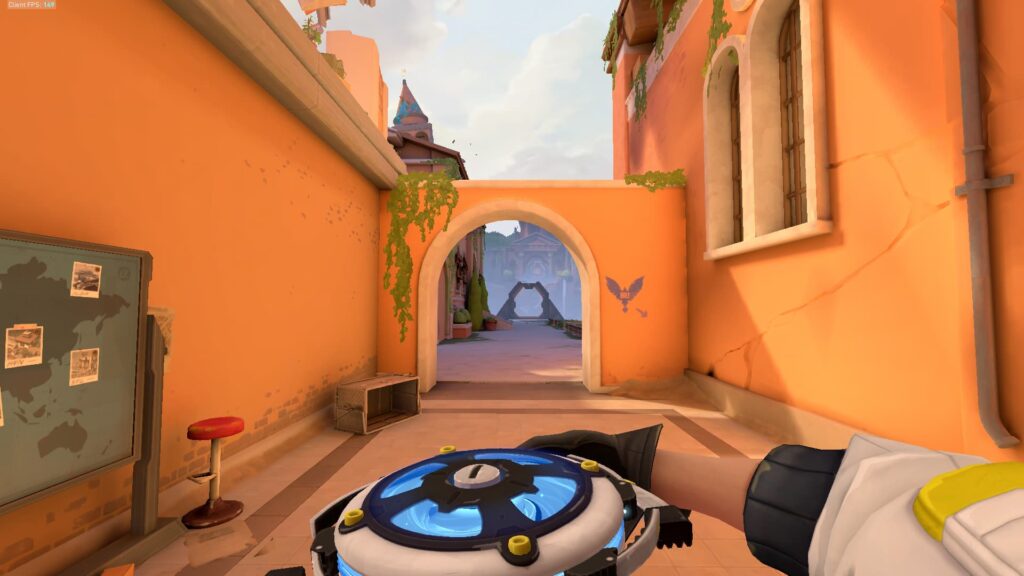 Deadlock holds her Barrier Mesh on the Range in VALORANT.