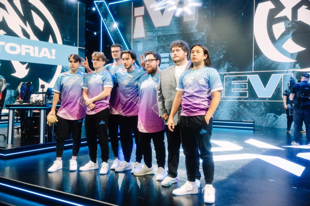 Cloud9 poses onstage after competing during 2023 VCT Americas Last Chance Qualifier at the Riot Games Arena on July 22, 2023.