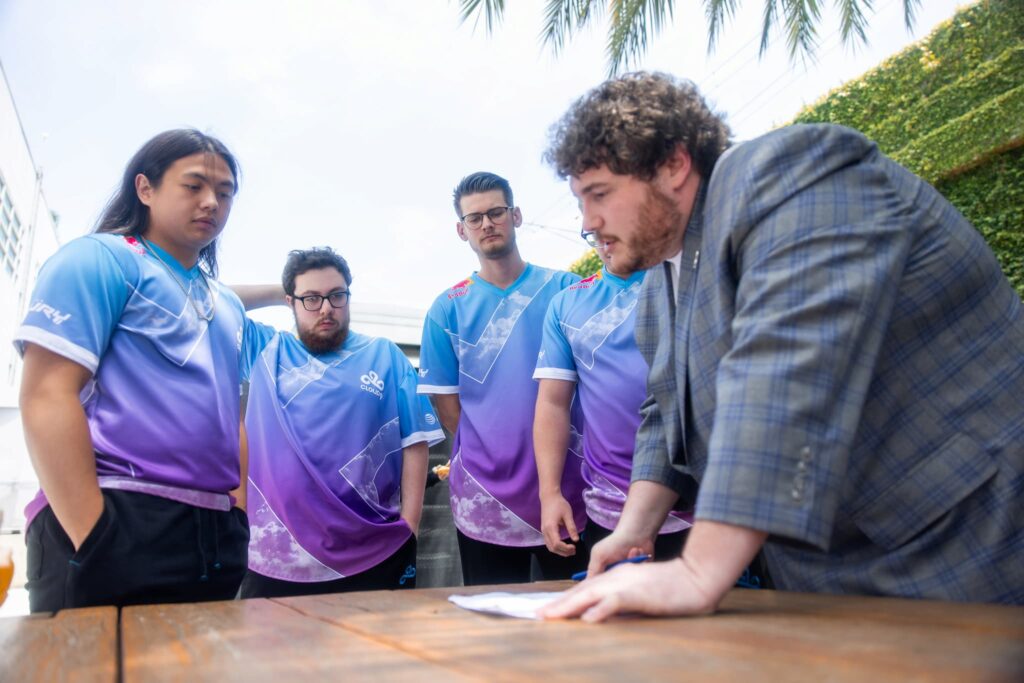 Cloud9 seen backstage between matches during 2023 VCT Americas Last Chance Qualifier at the Riot Games Arena on July 22, 2023.