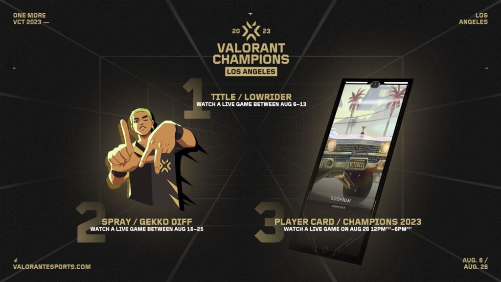 The three drops for VALORANT Champions 2023 are shown with the dates they are obtainable.