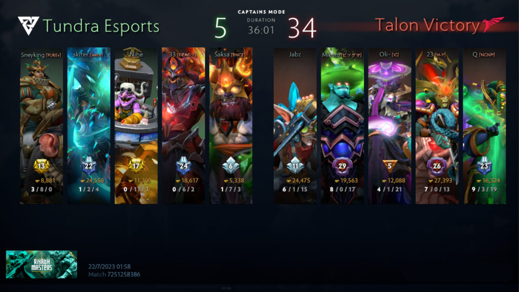 Game two of Tundra Esports vs Talon Esports on July 22, Riyadh Masters Group Stage (Image via Dota client)