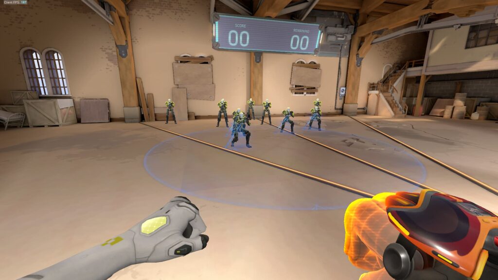 The GravNet grenade has landed and its blue circle has forced the bots caught within to crouch and move slowly.