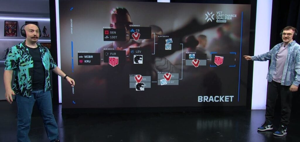 Sideshow and Bren stand in front of their bracket prediction, while Bren points out KRU Esports in the winning slot.