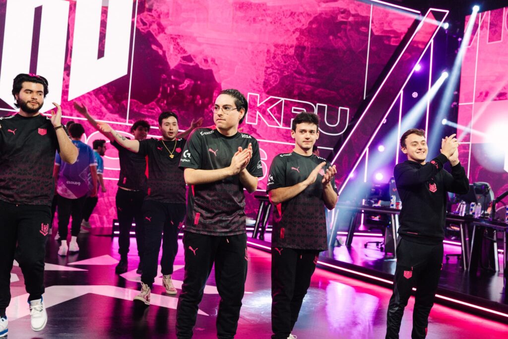 KRU Esports seen onstage after victory during 2023 VCT Americas Last Chance Qualifier at the Riot Games Arena on July 18, 2023.
