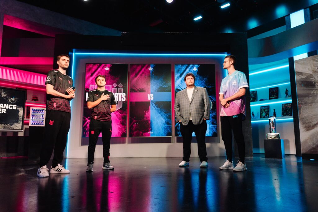 L-R) Coach Alan "ddx" Salvati and coach Jorge "Atom" Noriega of KRU Esports and coach Matthew "mCe" Elmore and Dylan "runi" Cade of Cloud9 seen before competing during 2023 VCT Americas Last Chance Qualifier at the Riot Games Arena on July 18, 2023.