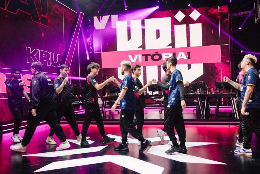 KRU Esports and MIBR fist bump onstage after competing during 2023 VCT Americas Last Chance Qualifier at the Riot Games Arena on July 15, 2023.