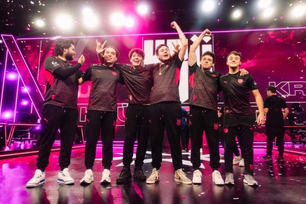 KRU Esports poses onstage after victory during 2023 VCT Americas Last Chance Qualifier Grand Final at the Riot Games Arena on July 23, 2023.