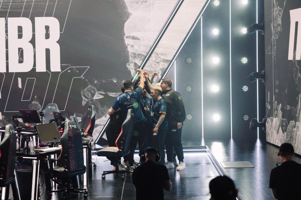 MIBR huddles onstage before competing during 2023 VCT Americas Last Chance Qualifier at the Riot Games Arena on July 15, 2023.