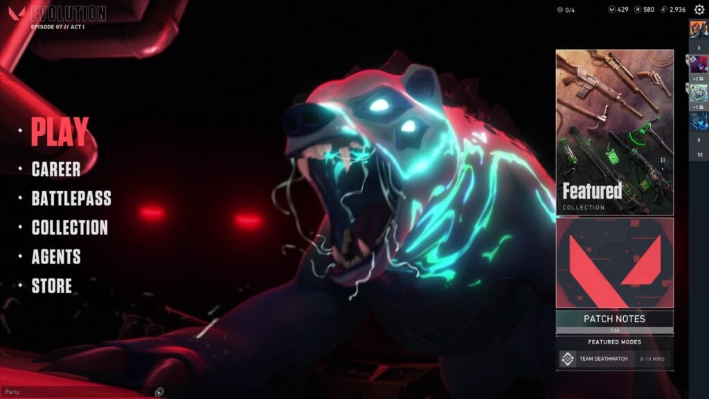 The main menu of VALORANT shows the creature from the Episode 7 Act I Deadlock introduction cinematic, along with all of the game's options and modes.