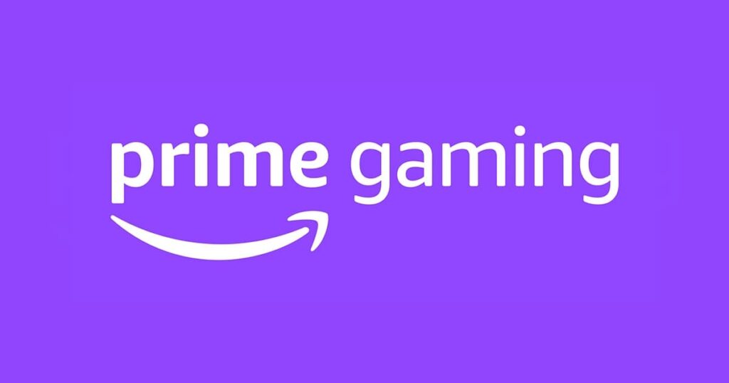 The Prime Gaming logo shows an arrow similar to the Amazon logo, over a purple background.