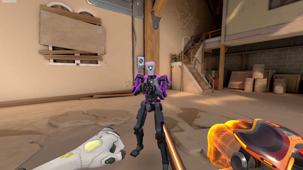 A training bot with the purple enemy color outline in VALORANT.