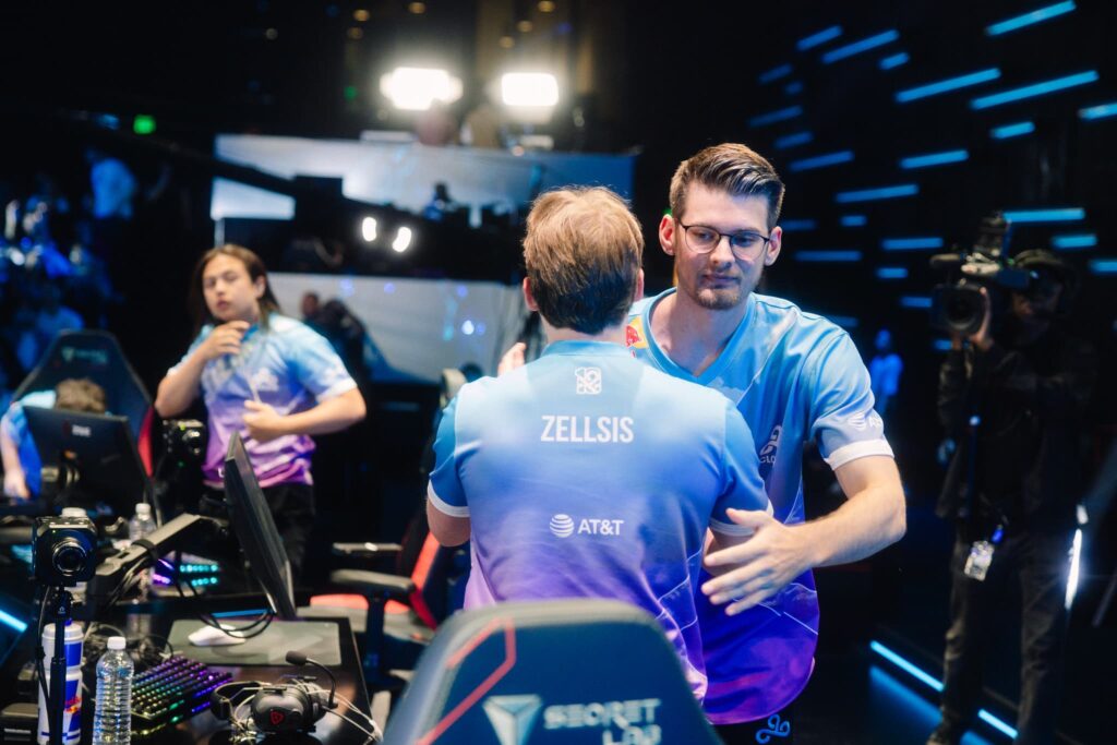 Jordan "Zellsis" Montemurro (L) and Dylan "runi" Cade of Cloud9 hug onstage during 2023 VCT Americas Last Chance Qualifier at the Riot Games Arena on July 22, 2023.