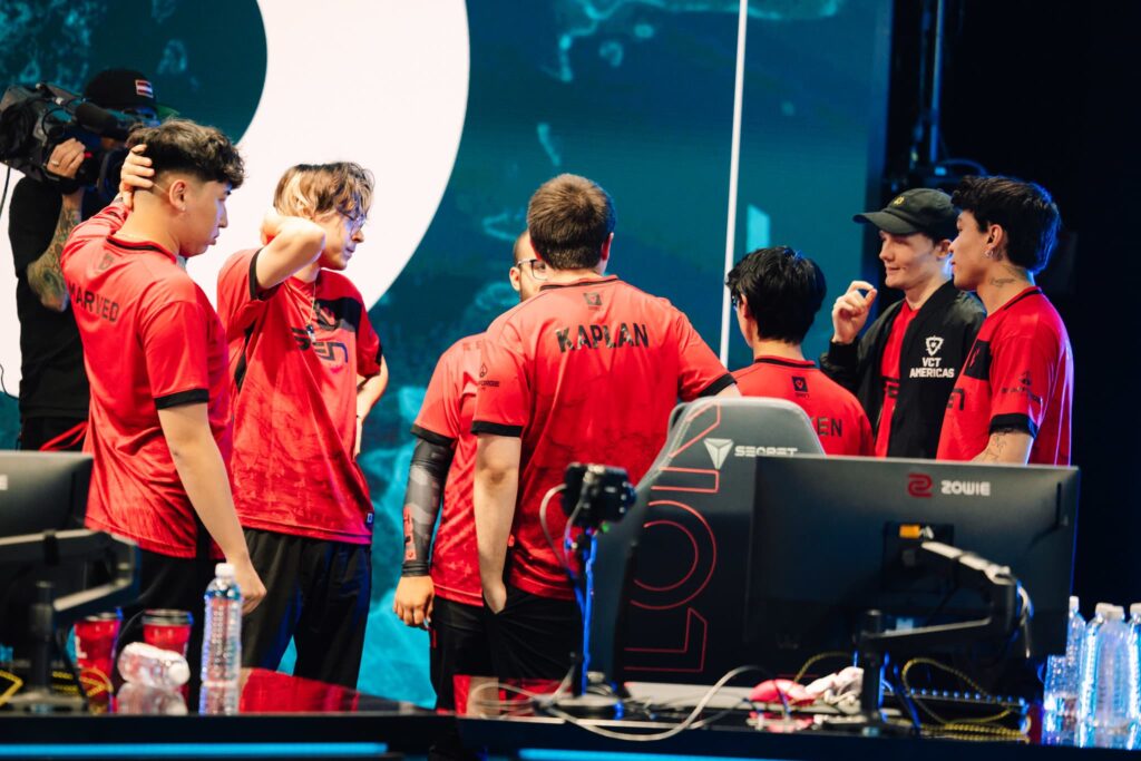 Sentinels seen onstage after competing during 2023 VCT Americas Last Chance Qualifier at the Riot Games Arena on July 17, 2023.