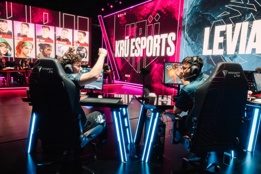 Vicente "Tacolilla" Compagnon (L) and Agustin "Nozwerr" Ibarra of Leviatan reacts while competing during 2023 VCT Americas Last Chance Qualifier Grand Final at the Riot Games Arena on July 23, 2023.