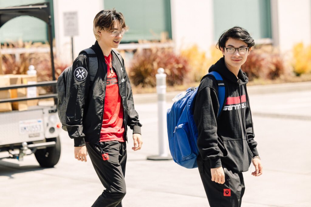 Tyson "TenZ" Ngo (L) and Zachary "zekken" Patrone of Sentinels arrive during 2023 VCT Americas Last Chance Qualifier at the Riot Games Arena on July 17, 2023.