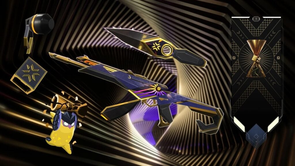 A Gun Buddy, Wingman running with a trophy, the Vandal, the Melee knife, and a player card are shown as part of the VALORANT Champions 2023 bundle.