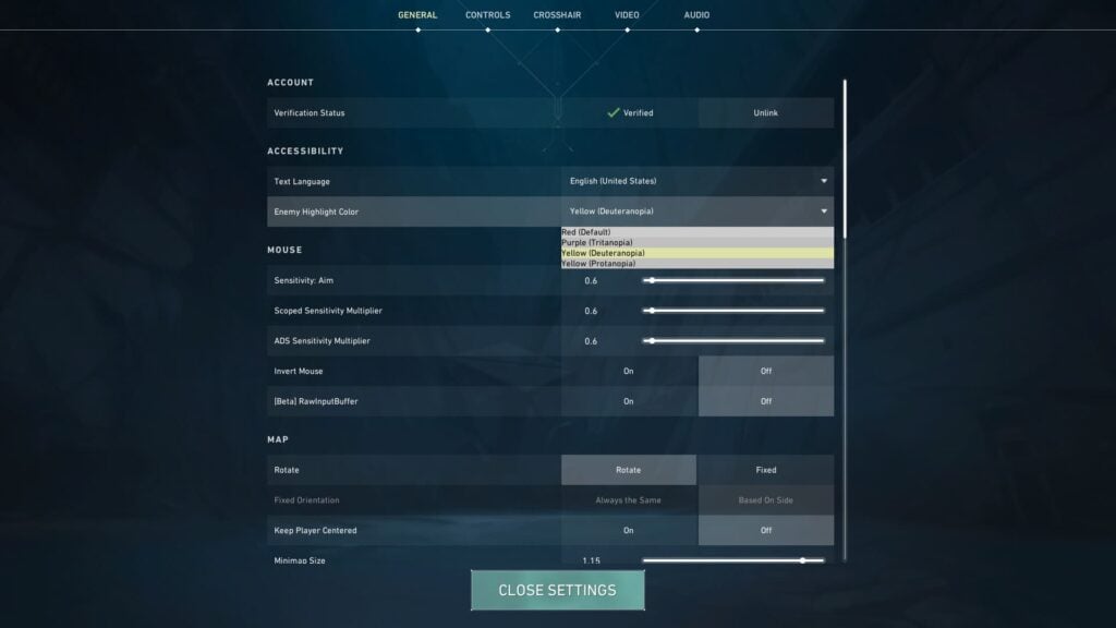 The dropdown in the General settings shows the four enemy highlight color changes in VALORANT.