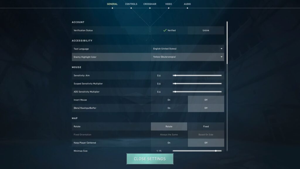 The General settings section in VALORANT has multiple choices to toggle and adjust.