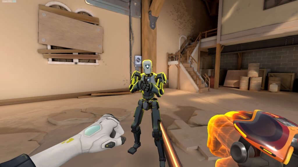 A training bot with the yellow enemy color outline in VALORANT.