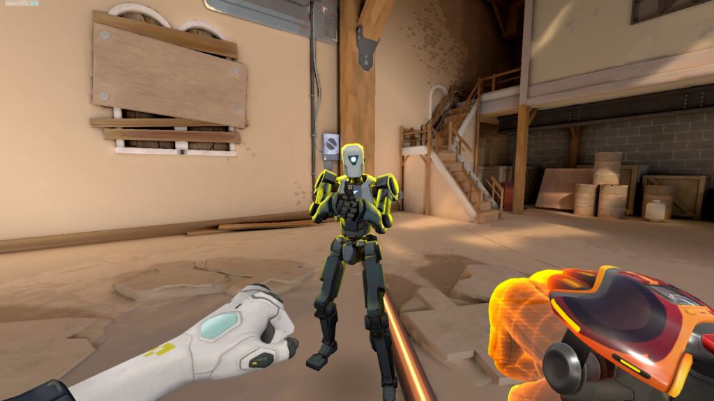 A training bot with the second yellow enemy color outline in VALORANT.